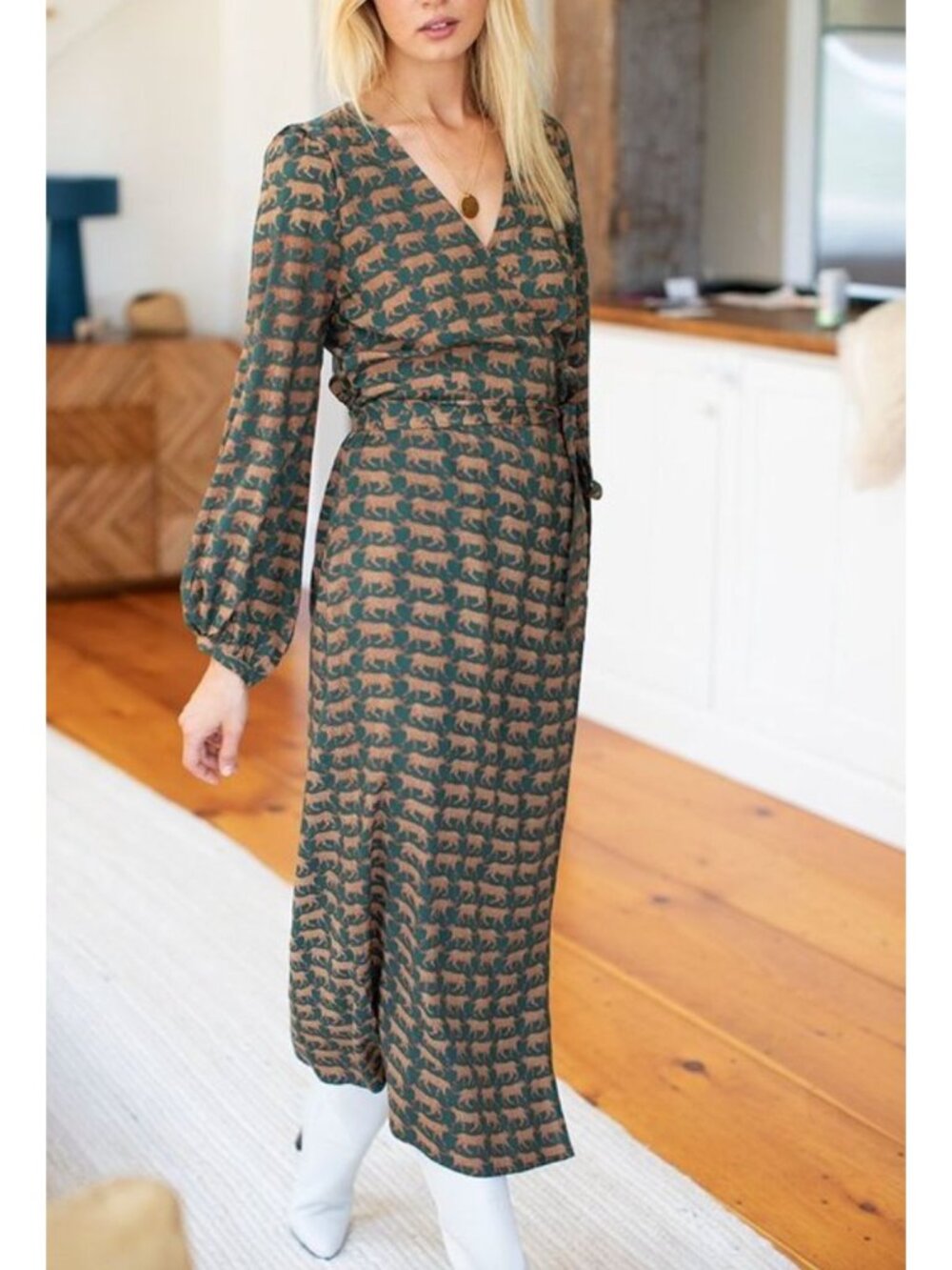 Emerson Fry India Collection Cheetah Tiger Walking Print Wrap Bishop Dress Large